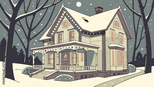 Winter House Snowy Night Cozy Home Snowfall Christmas Illustration Holiday Scene Cartoon Style Vector Illustration Home Exterior Winter Landscape Festive Design Holiday Card Greeting.
