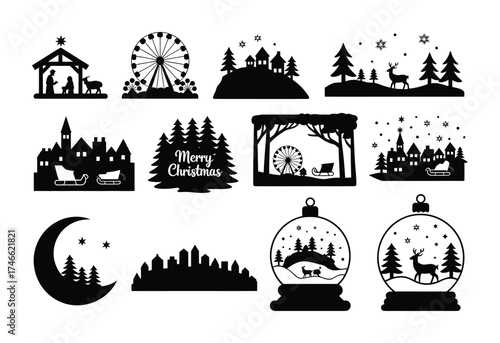 Christmas village silhouette collection with snow globe and reindeer