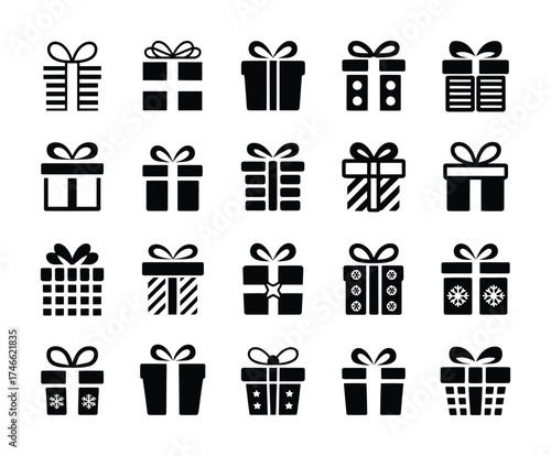 Gift box vector silhouette collection with ribbon bow and pattern