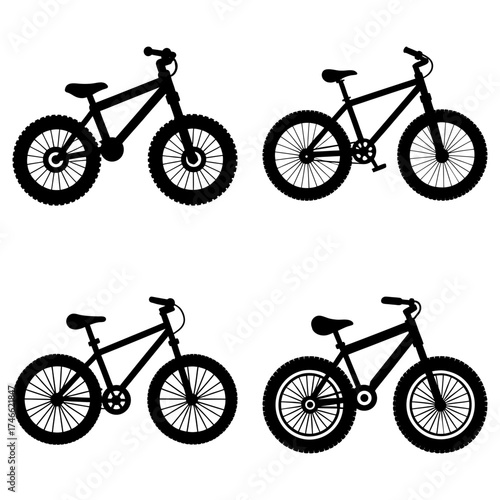 Four bicycle silhouettes displayed in a grid pattern with varying tire and frame styles shown clearly here