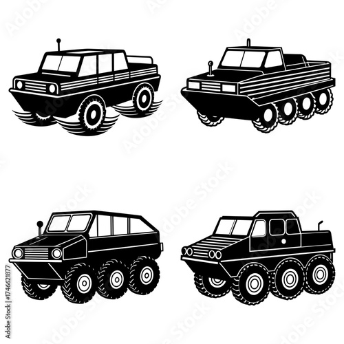 Illustration showcasing four distinct black and white amphibious vehicles with varying wheel configurations