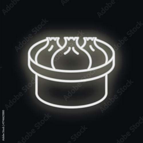 White neon sign depicting some delicious dumplings being steamed in a bamboo steamer basket