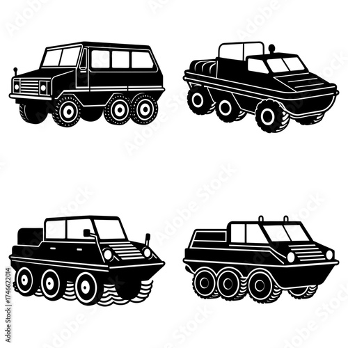 Four all terrain vehicles with six wheels each are displayed in a black and white vector image