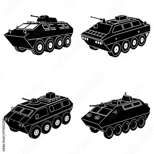 Four black and white armored personnel carriers with turrets in a vector graphic design layout image