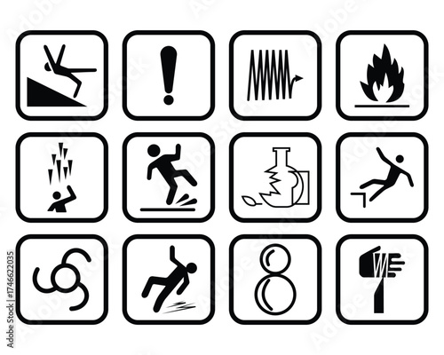 Set of work safety sign icon and danger symbol. Work safety, radiation warning, slippery floors, fire, broken glass sign isolated on white background. Vector illustration.