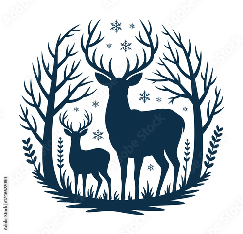 Reindeer family forest silhouette with snowflakes and winter trees