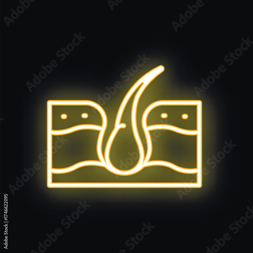 Yellow neon icon of hair growing from skin layers on black background