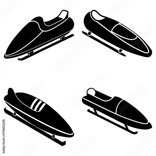 Illustration showing four different black and white luge sleds on a white background in a vector format