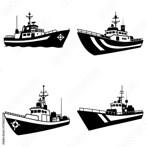 Four monochrome boat silhouettes with varying designs and orientations on a white background surface
