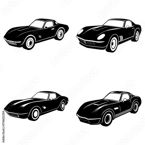 Four black corvette cars in different angles and views showcased on a white plain background art