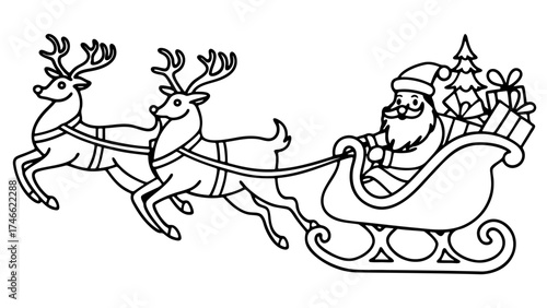 Santa claus flying in a sleigh with two reindeer, gifts, and a christmas tree outline illustration.