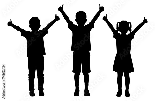 Silhouette of three happy children, two boys and a girl, standing with raised arms and thumbs up.