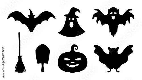 Halloween silhouette set with bats, ghost, witch hat, broomstick, shovel, and a scary carved jack-o'-lantern pumpkin.