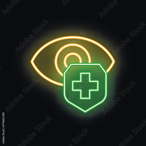 Neon icon of an eye with medical shield is glowing, representing health insurance coverage