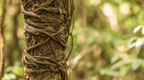 constraint. A tree trunk bound by thick vines in a forest, sunlight filtering through leaves. gardening catalogs, home-decor guides, designed for gardening and botanical catalogs.