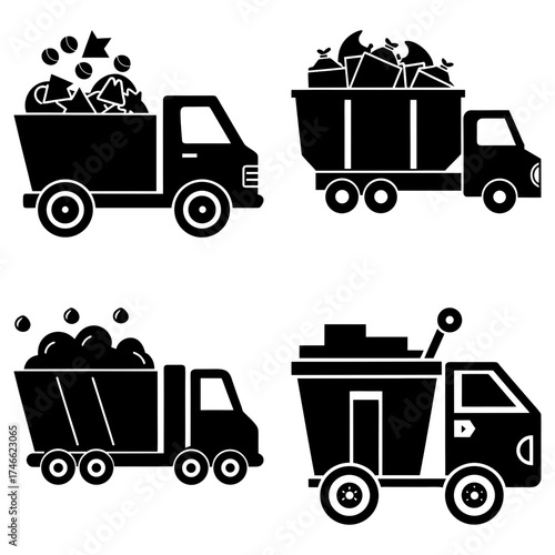 Collection of four black and white vector illustrations of different types of trucks with various loads