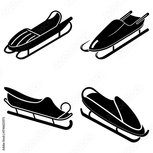 Four black and white sled illustrations showing different types of sleds on a white background design layout