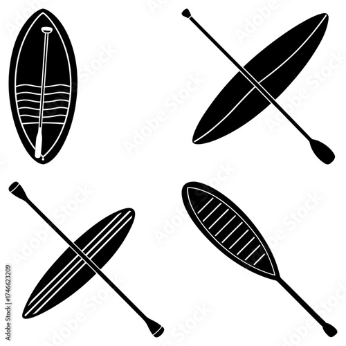 Illustration of four paddle boards and paddles in different orientations on a white background surface
