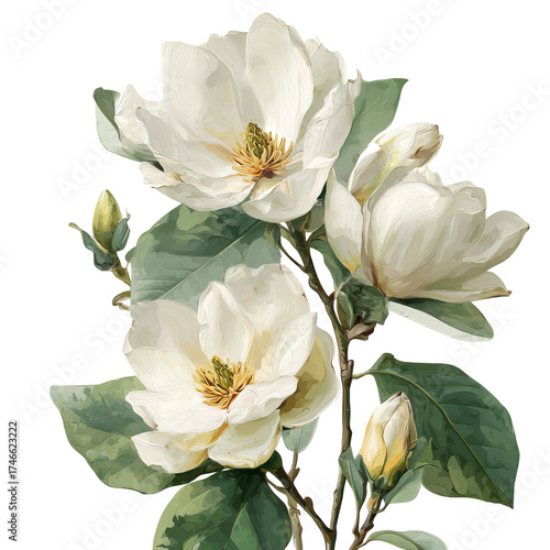 Side cluster of white magnolias with elegant blooms and glossy green leaves on transparent background