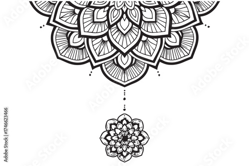 Half mandala design with hanging pendant isolated on transparent background, intricate floral pattern with delicate bead detail and symmetrical arrangement