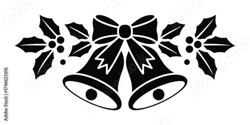 Christmas bells with holly leaves and bow silhouette design