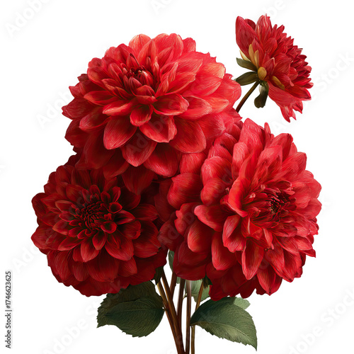 Side view of vibrant red dahlia bouquet with full petal detail on transparent background
