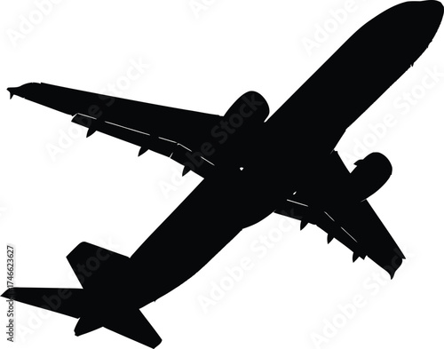 Silhouette of a commercial airplane flying isolated on white background the aircraft is captured from a low angle, showcasing its wings, fuselage, and tail