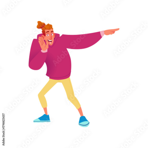 An Energetic Young Man Dressed in a Colorful Hoodie Enthusiastically Pointing Out a Direction
