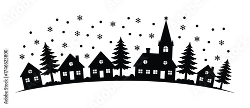 Christmas winter village silhouette with snow and pine trees