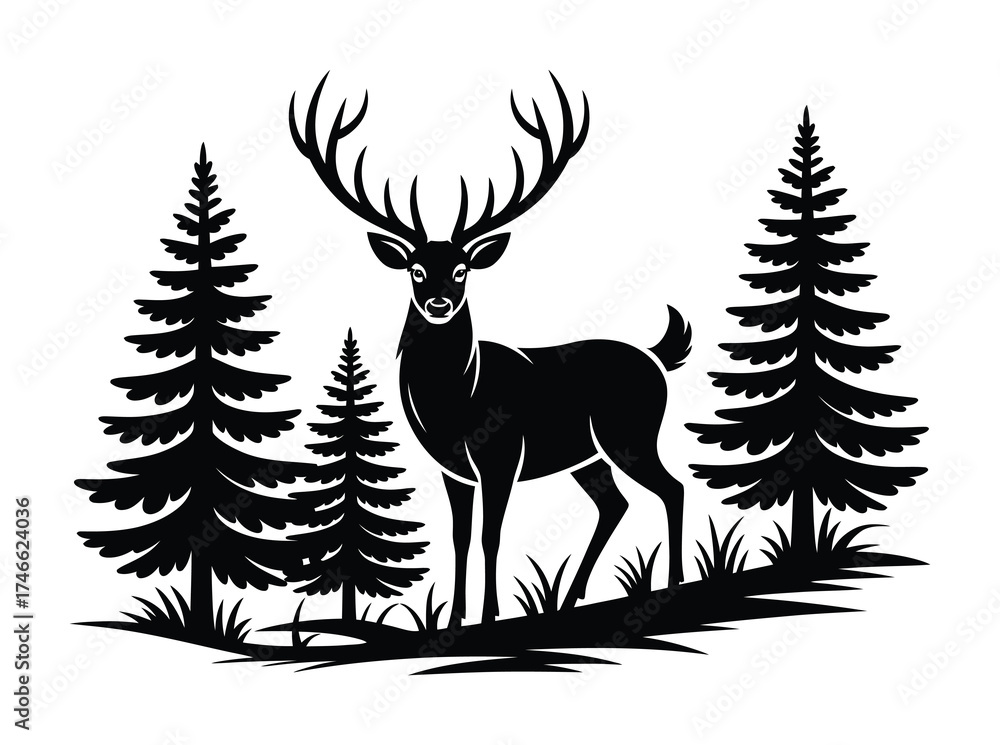 Obraz premium Deer standing in forest with pine trees vector silhouette illustration