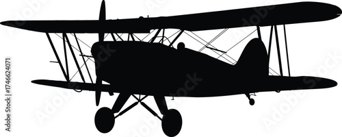 Silhouette of a vintage biplane flying isolated on white background the aircraft is captured from a side view, showcasing its wings, fuselage, and propeller