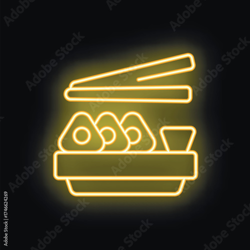 Glowing neon sign representing a typical japanese food take away box, with onigiri rice balls, soy sauce and chopsticks, on a dark background