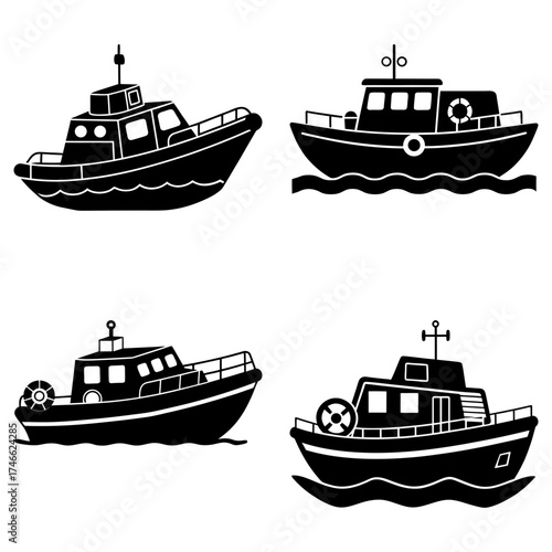 Four black and white silhouette illustrations of different types of boats on white background design