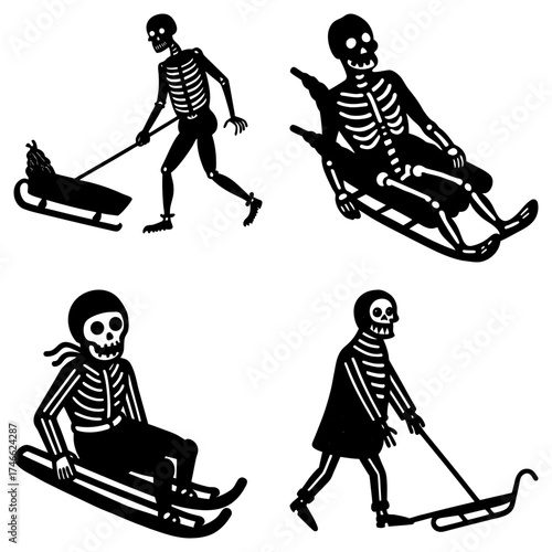 Skeletons enjoying winter activities like sledding and pulling a sled in a whimsical illustration style