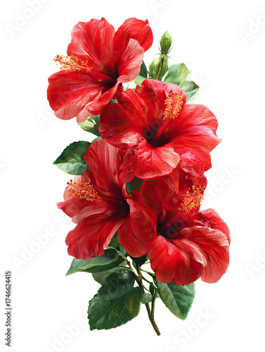 Premium side cluster of red hibiscus flowers and leaves detailed on transparent background