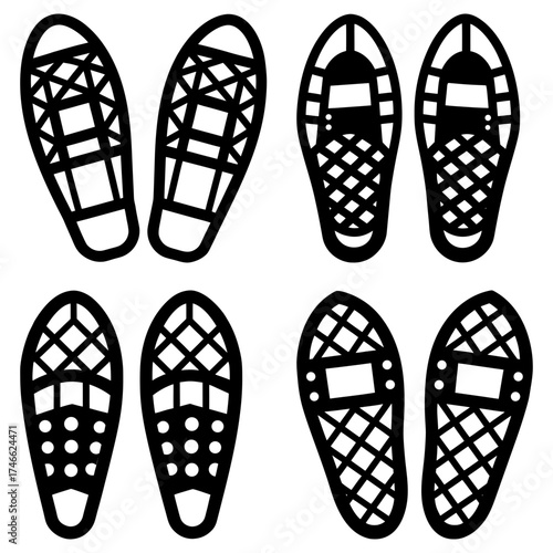 Collection of six snowshoes in various designs and patterns displayed in a monochrome composition style