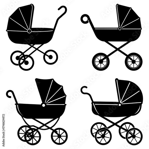 Four black silhouette baby strollers with different wheel and handle designs on a white background image