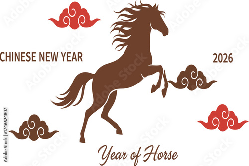 Celebrate the Chinese New Year in 2026, marking the Year of the Horse. This design features a majestic horse in a dynamic pose, accompanied by stylized clouds in traditional Chinese colors. The artwor
