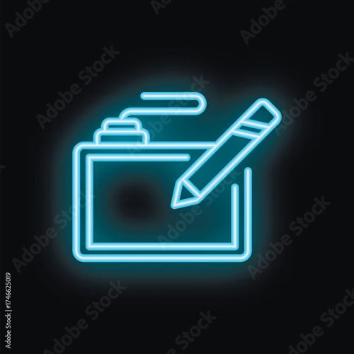 Blue neon icon of a graphic tablet and stylus glowing on a dark background, symbolizing digital art and creativity