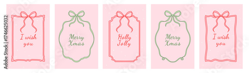 Vintage Christmas frames featuring bows and ribbons in a trendy hand-drawn doodle style. Retro design for decorating holiday cards, posters, banners, and New Year's invitations. Vector frame set.