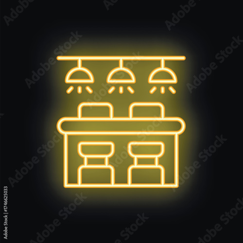 Yellow neon icon of a bar counter with stools and ceiling lamps illuminating the room