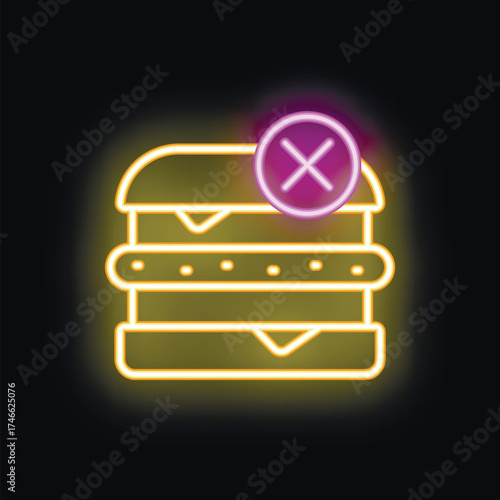 Glowing neon sign of a hamburger with a cross mark, indicating a dietary restriction or the unavailability of the food