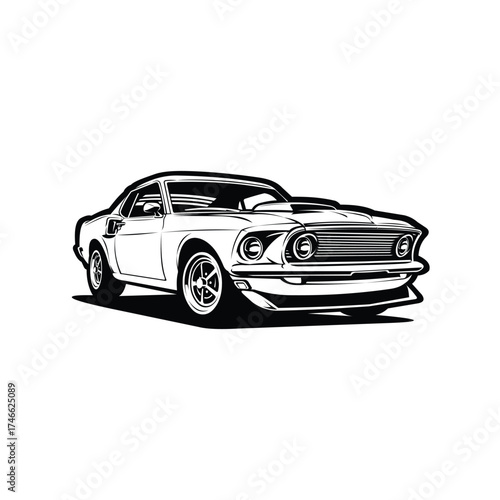 Premium classic american muscle car monochrome silhouette vector art icon illustration