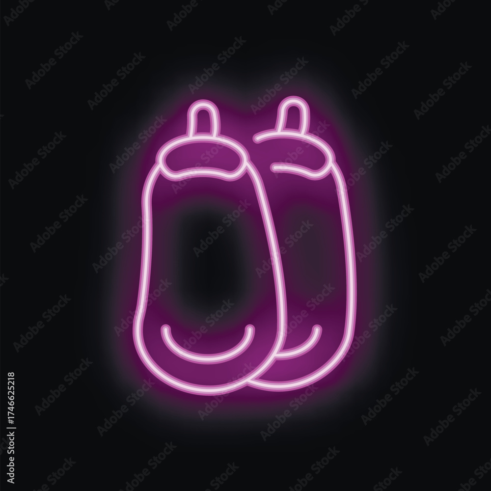 Obraz premium Vibrant glowing neon illustration of two eggplants, isolated on a black background