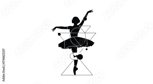 Graceful ballerina in silhouette, adorned with geometric shapes, embodying elegance and movement.