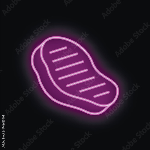 Glowing neon sign depicting a grilled steak on a black background