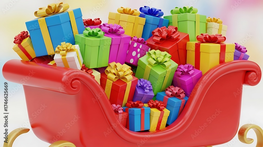 Fototapeta premium Colorful Gift Boxes in a Red Sleigh Celebration Party Décor Holiday Surprise Event Festive Presents Festivity Joyful Gift Giving Winter Celebration Seasonal Decorations Bright Colors Happiness