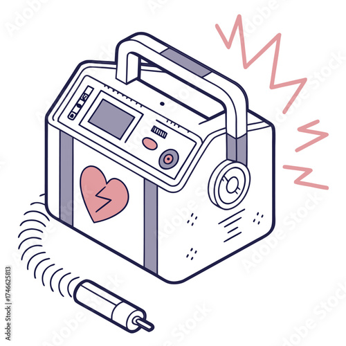 Portable AED Defibrillator Emergency Kit Line Art Vector Illustration with Heart Shock Waves Battery for CPR First Aid Medical Graphics