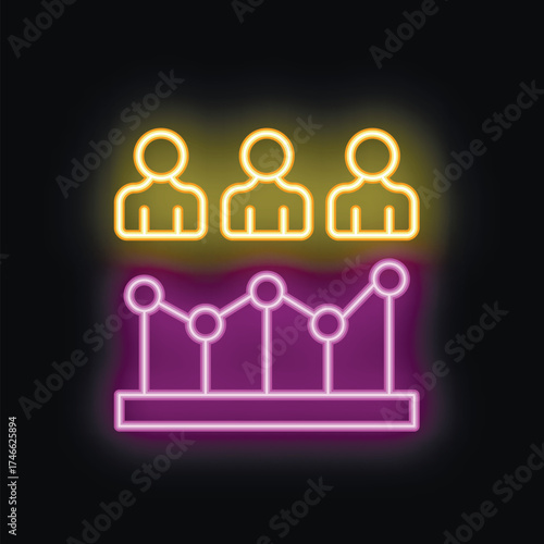 Neon glowing icon of a team working on a business chart growing up
