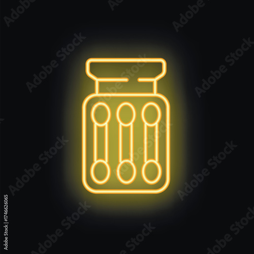 Yellow neon icon of cotton buds for ear cleaning glowing on black background